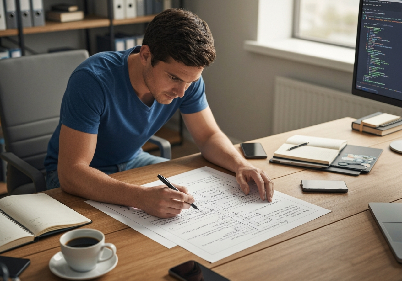 Sviluppatore che analizza codice e diagrammi su un grande tavolo