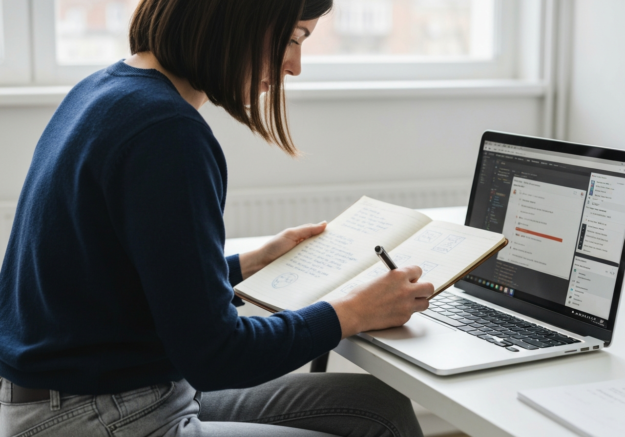 Persona che organizza il proprio portfolio di progetti di programmazione su laptop e taccuino