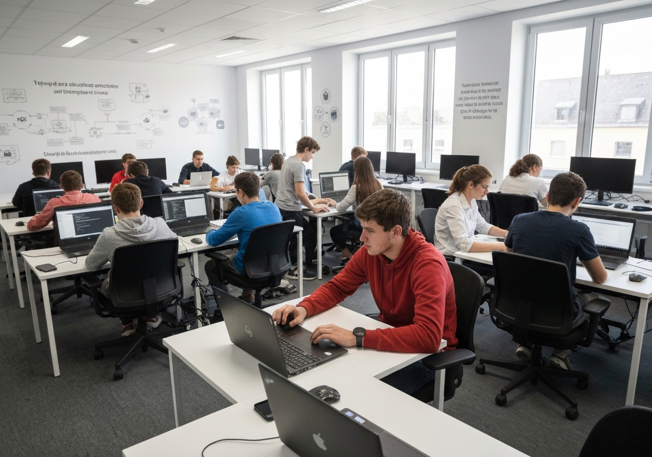 Aula moderna di informatica con studenti che programmano insieme