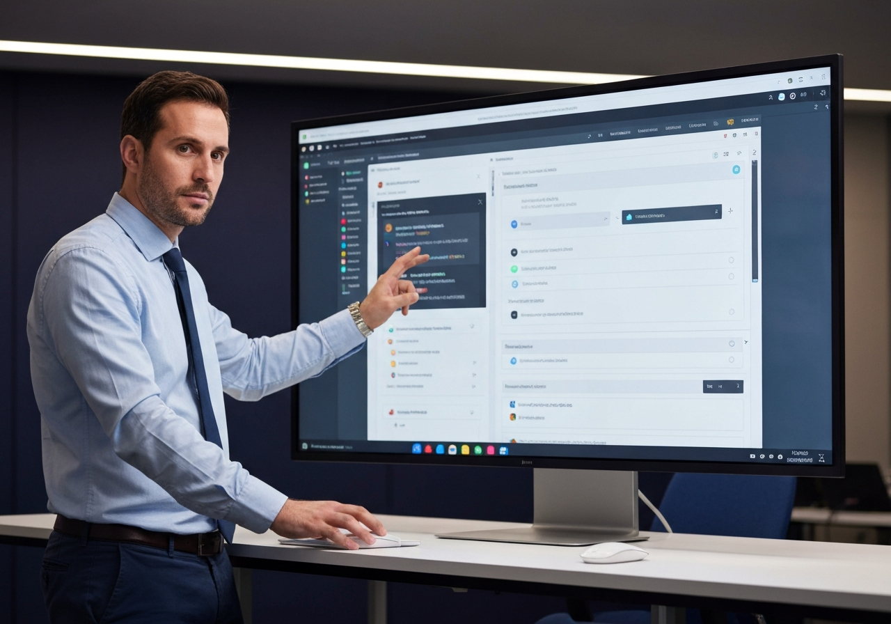 Sviluppatore che presenta un progetto software su un grande schermo
