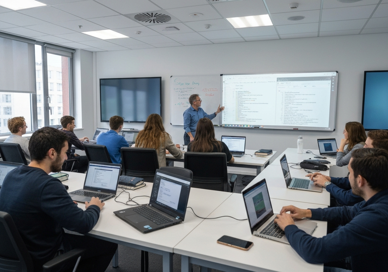 Studenti di programmazione che lavorano insieme al computer durante una lezione