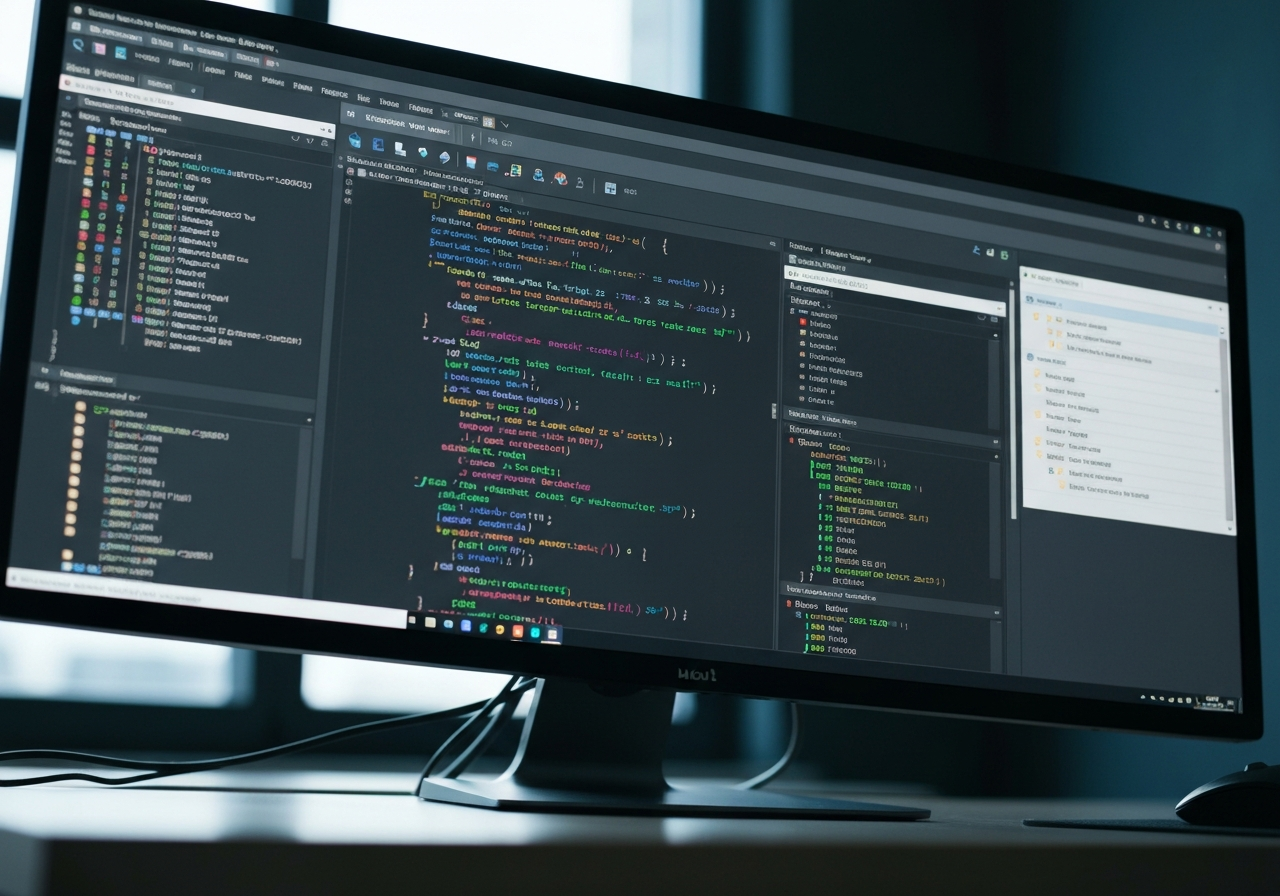 Schermo di computer con codice e strumenti di sviluppo aperti